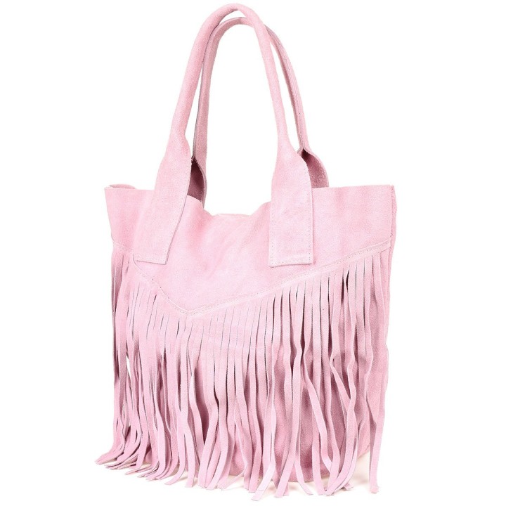 Pudrowa zamszowa torba damska A4 z frędzlami