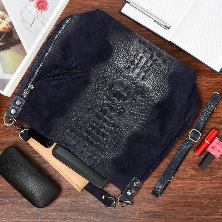 Granatowa skórzana torba shopper Beltimore CROCO